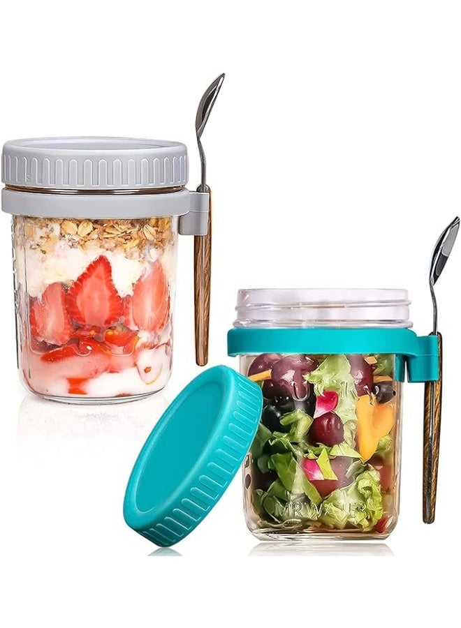 عبوة من قطعتين من برطمانات التخزين الزجاجية من مونكان مع أغطية محكمة الإغلاق وملعقة | برطمانات الشوفان الليلي، حاوية مزودة بعلامات قياس، برطمانات محمولة واسعة الفوهة، حاوية إفطار للسلطات والزبادي وحليب الحبوب ودقيق الشوفان والمزيد 300 مل (أخضر ورمادي) - Image 1